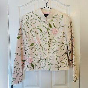 MSK Easter/Spring 100% Silk Floral White Jacket w/ Pink Lining Women’s Medium